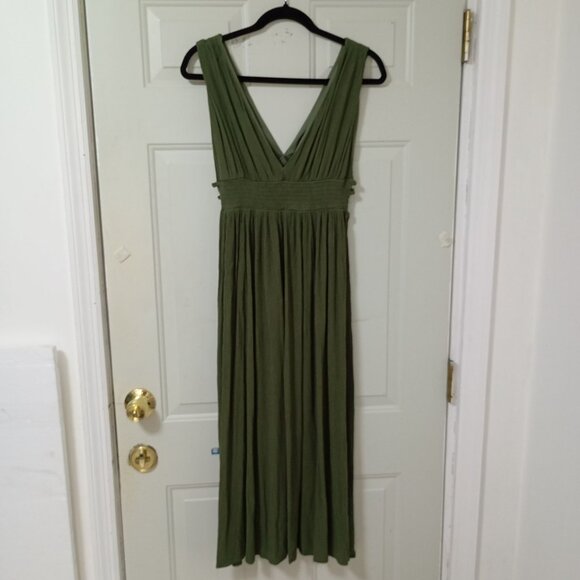Just Found Maxi Dress XL Empire Court Olive Green V Neck With Smocked Waist - Picture 1 of 9